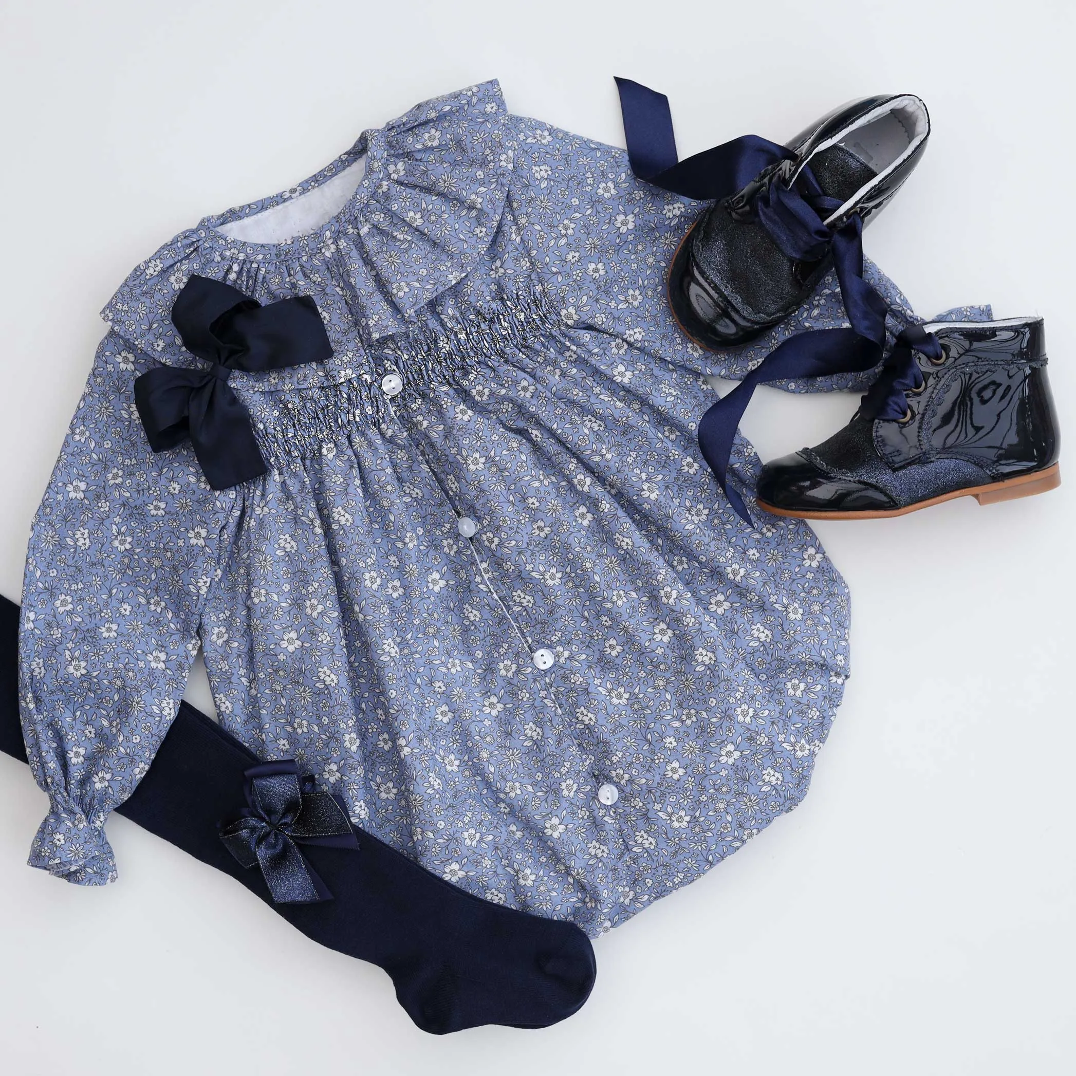 Blue Floral Frill Collar Smocked Romper | Pukatuka (3M - 3Y)