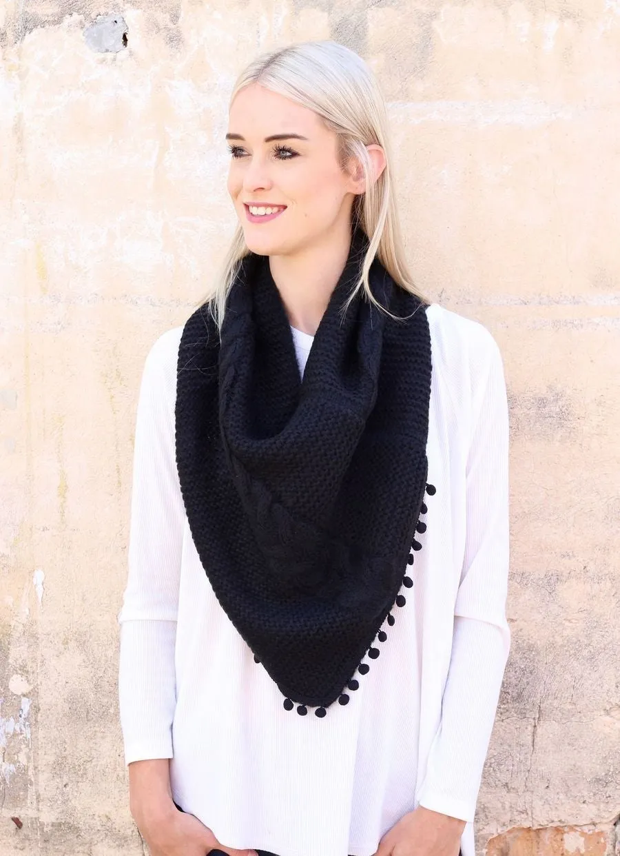 Layne Loop Scarf with Pom Pom Detail in Black