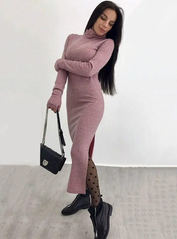 TastyHottie - Long Sweater Dress Long Sleeve High Neck Slim Split Bodycon