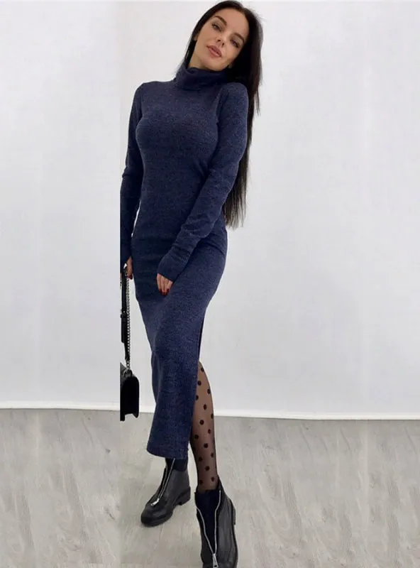 TastyHottie - Long Sweater Dress Long Sleeve High Neck Slim Split Bodycon