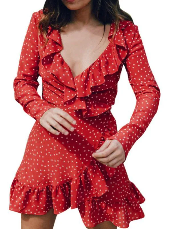 TastyHottie - Short Dress Women V Neck Long Sleeve Chiffon Dress