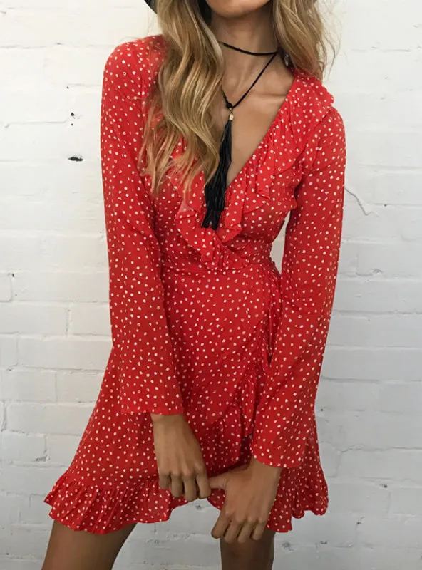 TastyHottie - Short Dress Women V Neck Long Sleeve Chiffon Dress