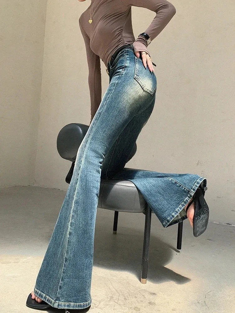 Women's Retro High Waisted Slim Micro Flared Pants Casual Blue Jeans Vintage American Street Female Straight Denim Trousers
